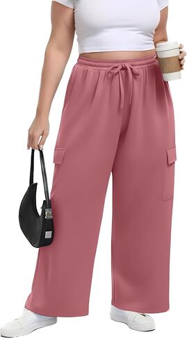 OLRIK Womens Plus Size Wide Leg Cargo Sweatpants High Waisted Drawstring Lounge Pants with Pockets Baggy Strechy Joggers in Kuwait