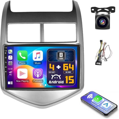 Hikity Android Car Stereo ترقية 2+64G لسيارة Chevy Aveo Sonic 2011-2015 مع Carplay Android Auto، راديو بشاشة لمس 9 بوصة مع نظام تحديد المواقع العالمي (GPS) وكاميرا احتياطية FM RDS SWC in Kuwait