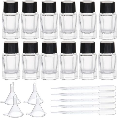 Benecreat 12pcs الجرار الحبر الزجاجي الثقيلة ، و 25 مل/0.85 أوقية زجاجية مع أغطية بلاستيكية سوداء ، 6 مساءً ، مسارات بلاستيكية ، 4 مساءً لسائل الحبر in Saudi Arabia