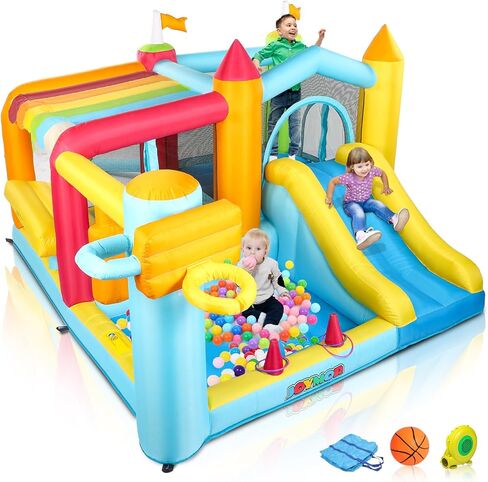 JOYMOR 9-in-1 Bounce House for Big Kids 8-12 w/Height-Adjustable Basketball Hoop, 30s Quick Inflatable Bounce House for Kids 3-6 with Blower, Portable Bag for Indoor Outdoor Party (Kiosk Theme) in Saudi Arabia