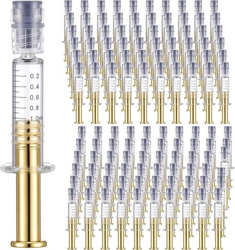 Nuanchu 20 pcs 1ml borosilecate close المحاقن مع المكبس المعدني الذهبي ، موصل luer ، دون أداة قياس دقيقة للإبرة للسوائل السميكة ، الغراء ، الحبر ، الحيوانات الأليفة in Kuwait