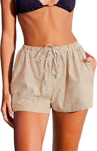 CUPSHE Women's Summer Shorts Striped Elastic High Waist Wide Leg Cover Ups Boxer Shorts with Pockets in Saudi Arabia
