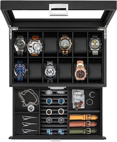 Watch Box for Men,3-Slot Watch Case with Glass Lid,Watch Storage Case with Removable Watch Pillow, Watch Holder Organizer for Gift(Black, 3Slot) in Saudi Arabia