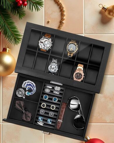 Watch Box for Men,3-Slot Watch Case with Glass Lid,Watch Storage Case with Removable Watch Pillow, Watch Holder Organizer for Gift(Black, 3Slot) in Saudi Arabia