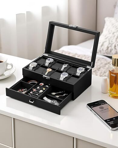 Watch Box for Men,3-Slot Watch Case with Glass Lid,Watch Storage Case with Removable Watch Pillow, Watch Holder Organizer for Gift(Black, 3Slot) in Saudi Arabia