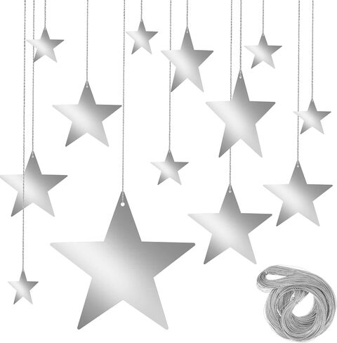 24pcs Gold Gold Stars Decorations ، Clitter Star Clutouts مع 55 ياردة ذهبية نايلون سلسلة من المقاطع من الوجهين من النجوم لحفل عيد ميلاد التخرج من الفصول الدراسية ديكور السقف الجدار (4 حجم) in Kuwait