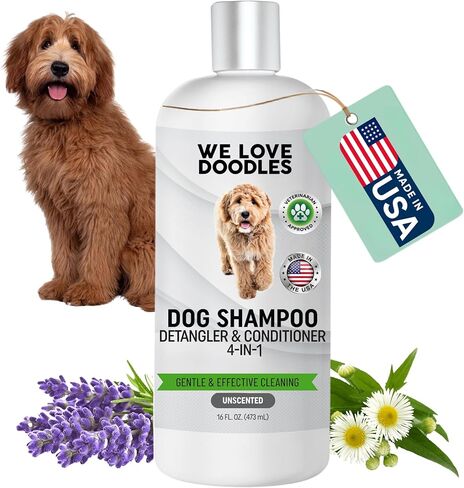 We Love Doodles Dog Shampoo, Conditioner, & Detangler - Shampoo for Dogs, Goldendoodles, Poodles & Doodles, for Matted Pet Hair & Sensitive Skin, Made in The USA, Unscented, 16 oz in Saudi Arabia