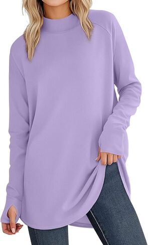 JUSTFASHIONNOW Tunic Tops for Women Casual Long Sleeve Turtle Neck Shirts Thumb Hole Curved Hem Tops Fall Fashion in Saudi Arabia
