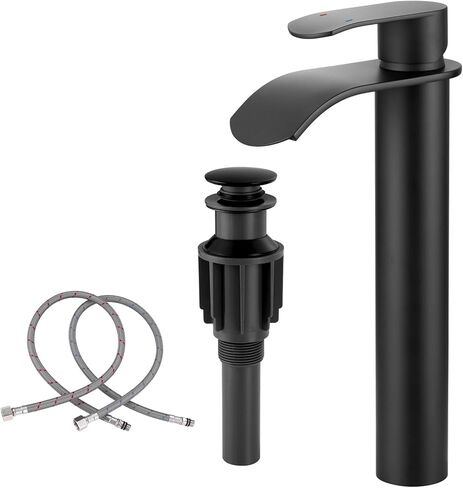 Vessel Sink Faucet Gold for Bathroom：WOWOW Single Handle Tall Bathroom Faucet - Waterfall Single Hole Mixer Bar Tap with Large Rectangular Spout, Deck Mount Lavatory Vanity with Pop Up Drain in Kuwait