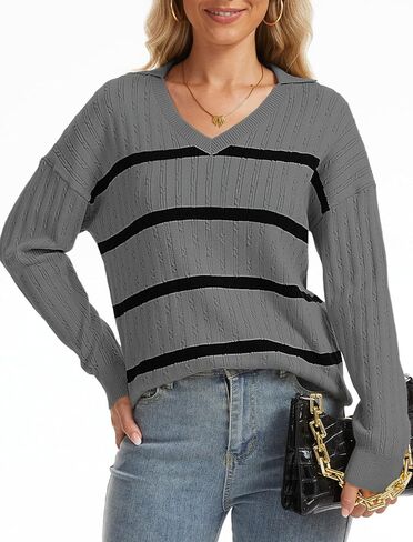 Sweaters for Women Lightweight Striped Pullover Sweater V Neck Long Sleeve Ribbed Knit Shirts Tops in Saudi Arabia