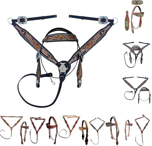 Majestic Ally Hand-Tooled Designer Padded Leather Horse Browband Headstall Breastcollar Set, Browband Headstall, Breastcollar in Saudi Arabia