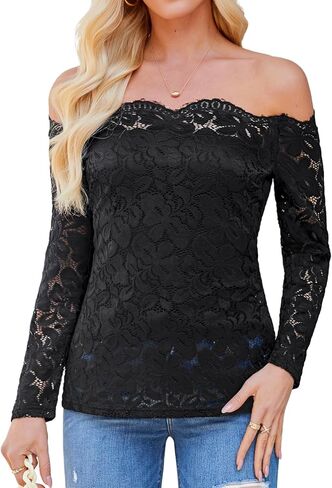 DJT Womens Off the Counder Tops Sexy Floral Lace Long Slive Slim Fit Terts Dary Disual Party Clubwear Outfits in Kuwait