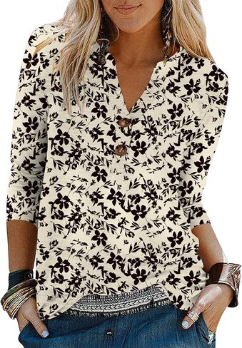 Binshre Womens Western Tops 3/4 Length Sleeve Shirts V Neck Graphic Shirts for Women Casual Tunic Blouses Cactus Desert Tees in Kuwait