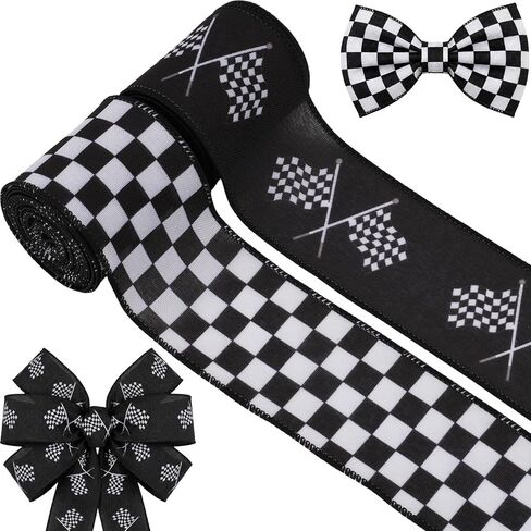 YKW 2 Rolls Racing Checkered Flag Ribbon - 2.55 Inch x 5 Yards Each, Black White Wired Edge Ribbon for Race Car Party Decoration, Motorsport Gifts Wrapping, Racing Wreath (Racing-Golden Pole) in Saudi Arabia