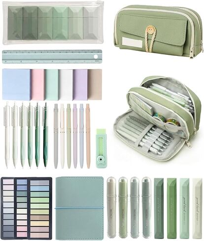 34 PCS Pencil Case مع سعة كبيرة ، حقيبة من 4 مقاطع ، قماش ناعم محمول ، أقلام تمييز ، شريط تصحيح ، مقطع ، مجموعة البوصلة ، غسل سهلة ، أساسية في دراسة جمالية أنيقة (خضراء) in Kuwait