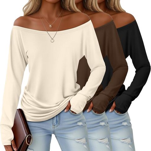 Huukeay 3 Pack Off The Shoulder Boat Neck Tops for Women, Long Sleeve Thumbhole Side Ruched Shirts Loose Causal Tunic Tees in Saudi Arabia