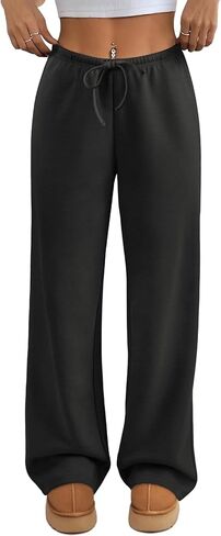 Athmile Womens Wide Leg sweatpants اليوغا ساق مستقيمة منخفضة الرباط مرنة منخفضة الخصر سقوط السقوط مع جيوب 2025 in Kuwait