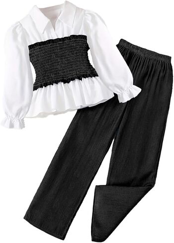 Girls Latern Long Sleeve T Shirts Causal Peter Pan Collar Tunic Blouse and Faux Denim Wide Leg Pants Fall Outfits Set in Saudi Arabia