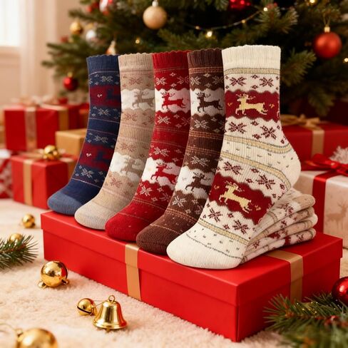 5 Pairs Cozy Thick Socks - Festive Christmas Reindeer & Snowflake Design | Sweat-Absorbing, Anti-Friction, Unisex Fit in Saudi Arabia