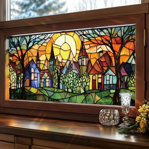 Geometric Stained Glass Window Film 17.7 x 39.3 Inch No Glue Static Cling Yellow Orange Decorative Privacy Film for Home Kitchen Bathroom Door Transom Glass Panel in Saudi Arabia