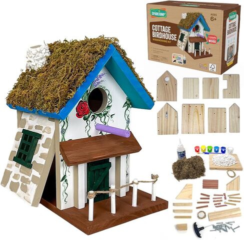 SparkJump Cottage Birdhouse Kit - Easy DIY Bird House for Outdoors, Cedar Roof & Front Porch, Natural Stones, FSC Certified Wood, Fun Family Crafting Project in Saudi Arabia