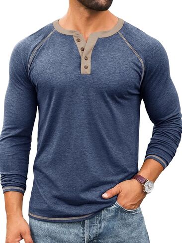 Yousify Mens Henley Shirts Long Sleeve Casual Basic T Shirts Button Vintage Lightweight Cotton Tee Tops in Saudi Arabia