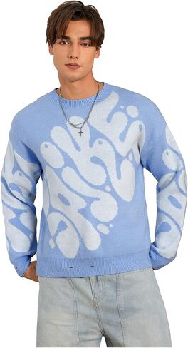 Men's Letter Graphic Ripped Sweater Long Sleeve Crew Neck Knit Pullovers Drop Shoulder Streetwear in Saudi Arabia