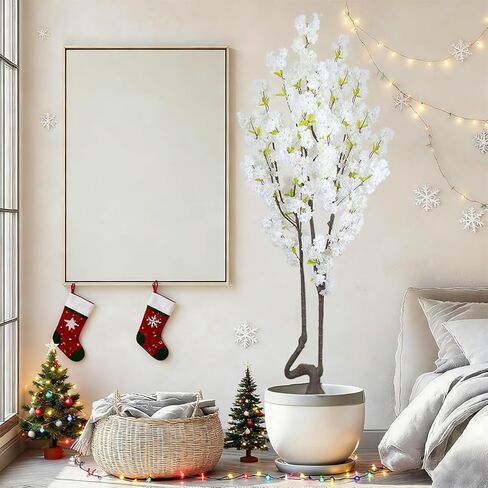 7.2 ft White Artificial Cherry Blossom Tree for Home Decor, Nearly Nature Faux Silk Flower Tree Indoor, Fake Realistic White Flowering Plant for Living Room Wedding Office Decorations in Kuwait
