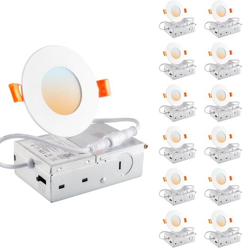 DLLT LED Recessed Ceiling Light: 24 Pack 3 Inch Slim Recessed Lighting for Kitchen - 5CCT Dimmable Canless Wafer Downlight for Living Room - 1200LM Brightness 12W LED Can Lights for Bedroom ETL FCC in Kuwait