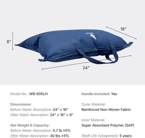 حقيبة رمل WEIBAO Standard Tech بمقابض - 5 عبوات (24 بوصة × 16 بوصة)، أزرق داكن | WB-600LH-A | حواجز الفيضانات التي يتم تنشيطها بالماء، وأكياس الرمل بدون رمل، ومانع المياه الماص in Kuwait