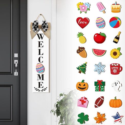 علامة Sintuff Holiday القابلة للتبديل 16 "× 4" لعلامة الشرفة الخشبية للباب الأمامي مع 24 PCS أيقونات ريفية موسمية للمنزل ترحيب مهرجان الربيع في الهواء الطلق (أبيض) in Kuwait