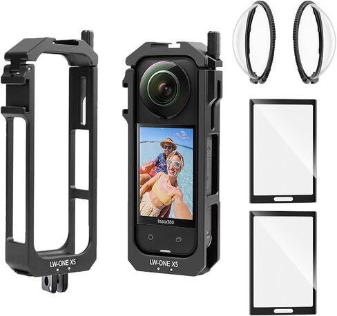 Insta 360 X5 Aluminum Frame Cage Case Bag Premium Glass Lens Guard Set Screen Protector for Insta360 X5 X 5 Accessories Kit Anti-Scratch Metal Shell Protective Film Cover (Black) in Saudi Arabia