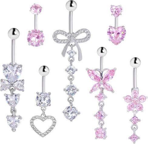 7 Pcs Belly Button Rings Dangle Navel Belly Piercing Jewelry Stainless Steel Butterfly Bow Heart Flower Belly Ring for Women Cute Pink Dangly Navel Ring in Saudi Arabia