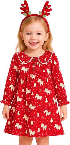 HILEELANG Toddler Girl Christmas Dress Long Sleeve Fall Winter Cotton Casual BasicTunic Shirt Dresses in Saudi Arabia