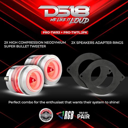 DS18 Premium Sound Bundle - 2X PRO-TW7L RGB Lighting Super Bullet Tweeters with 2X PRO-TWR3 3" Speaker Adapter Abs Ring for Jeep/Chrysler - High-Fidelity Audio Upgrade in Saudi Arabia