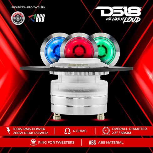 DS18 Premium Sound Bundle - 2X PRO-TW7L RGB Lighting Super Bullet Tweeters with 2X PRO-TWR3 3" Speaker Adapter Abs Ring for Jeep/Chrysler - High-Fidelity Audio Upgrade in Saudi Arabia