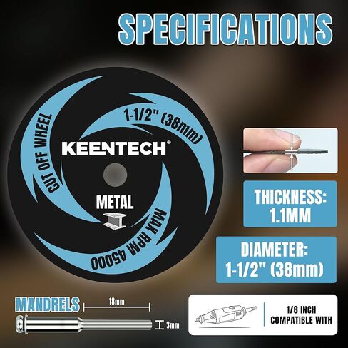 KEENTECH 1-1/2" Cut Off Wheels 11 Pack, 1.5" x 1/8" Fiberglass Reinforced Cutting Discs with 1 Mandrels, Rotary Tool Accessories for Metal in Saudi Arabia