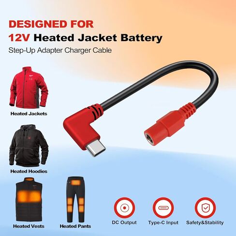 12V Type C Heated Jacket Battery Charger Cable, Step-Up Adapter Battery Cable for Milwaukee M12, Makita, Snap-on, Metabo, Craftsman, AEG Gear – Type-C Step Up Charging for 12V Heated Jackets in Saudi Arabia