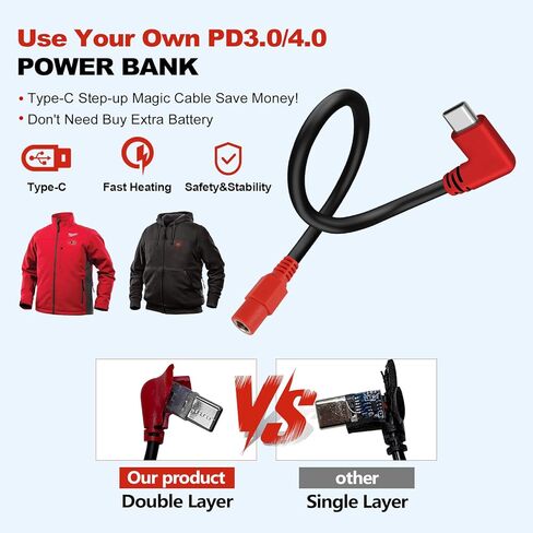 12V Type C Heated Jacket Battery Charger Cable, Step-Up Adapter Battery Cable for Milwaukee M12, Makita, Snap-on, Metabo, Craftsman, AEG Gear – Type-C Step Up Charging for 12V Heated Jackets in Saudi Arabia