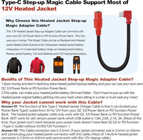 12V Type C Heated Jacket Battery Charger Cable, Step-Up Adapter Battery Cable for Milwaukee M12, Makita, Snap-on, Metabo, Craftsman, AEG Gear – Type-C Step Up Charging for 12V Heated Jackets in Saudi Arabia