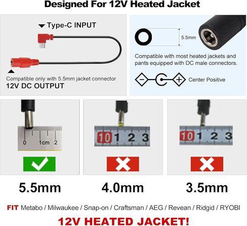 12V Type C Heated Jacket Battery Charger Cable, Step-Up Adapter Battery Cable for Milwaukee M12, Makita, Snap-on, Metabo, Craftsman, AEG Gear – Type-C Step Up Charging for 12V Heated Jackets in Saudi Arabia