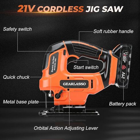 Cordless Jig Saw 21V with 2×2.0Ah Batteries, 2800 RPM Variable Speed Jigsaw for Wood & Metal, 4 Orbital Settings, 0–45° Bevel Cut, LED Light, Tool-Free Blade Change in Kuwait