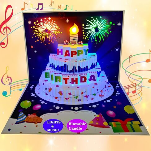 3D Pop Up Birthday Cards, Auto Play Music Warming LED Light Birthday Cake Card Pop Up Greeting Cards Laser Cut Happy Birthday Cards Best for Mom Wife Sister Boy Girl Friends 1 Pack in Kuwait