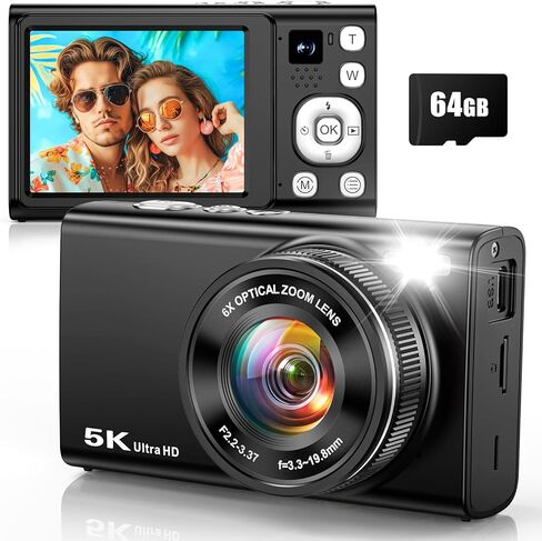 كاميرا رقمية بدقة 5K بدقة 96 ميجابكسل للتصوير الفوتوغرافي مع تكبير بصري 6X، وكاميرا تسجيل فيديو ذات تركيز تلقائي مطورة لعام 2026 لليوتيوب مع عدسة مزدوجة، وبطاقة 64 جيجابايت، وفلاش، ومضادة للاهتزاز، وكاميرات رقمية مدمجة للنقطة والتقاط الصور in Kuwait