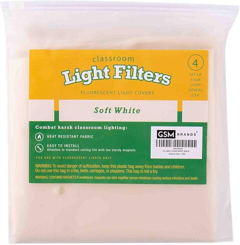 GSM Brands Fluorescent Light Diffuser Covers (Set of 4) Filters Light for Classrooms and Offices - Flame-Retardant Fabric (Soft White) in Saudi Arabia