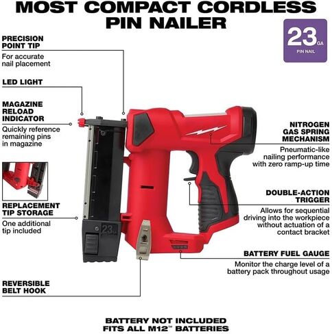 2540-20 لـ Milwaukee M12 12V 23-Gauge Compact Double-Action Pin Nailer الطول 8.7 بوصة العرض 2.6 بوصة الارتفاع 7.7 بوصة in Kuwait