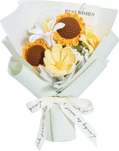 Crochet Flower Bouquet Handmade Blue Roses Artificial Flowers with Card Mothers Day Graduation Birthday Gifts for Women Mom Girlfriend Wife Eternal Flores Knitting Decorations Home Decor in Saudi Arabia