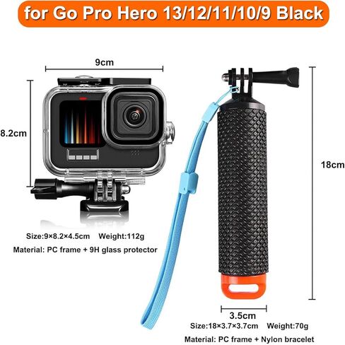 BO&DQQ متوافق مع Go Pro Hero 13 12 11 10 9 جراب أسود مقاوم للماء بطول 60 متر/196 قدم غطاء حماية للغوص تحت الماء مع مجموعة ملحقات تثبيت بمقبض الكاميرات in Saudi Arabia
