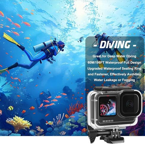 BO&DQQ متوافق مع Go Pro Hero 13 12 11 10 9 جراب أسود مقاوم للماء بطول 60 متر/196 قدم غطاء حماية للغوص تحت الماء مع مجموعة ملحقات تثبيت بمقبض الكاميرات in Saudi Arabia