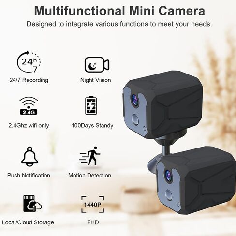 كاميرا ZHENHAN 1440P HD Mini WiFi Security - مراقبة داخلية لاسلكية قابلة لإعادة الشحن للحيوانات الأليفة / المنزل / المكتب مع كشف الحركة، رؤية ليلية، بطارية 100 يوم، تخزين سحابي / SD والتحكم في التطبيقات (أسود) in Kuwait